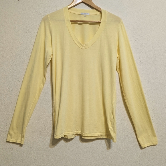 James Perse Women’s Yellow Long Sleeve Deep V-Neck Cotton T-Shirt Sz XLarge USA - Picture 1 of 4